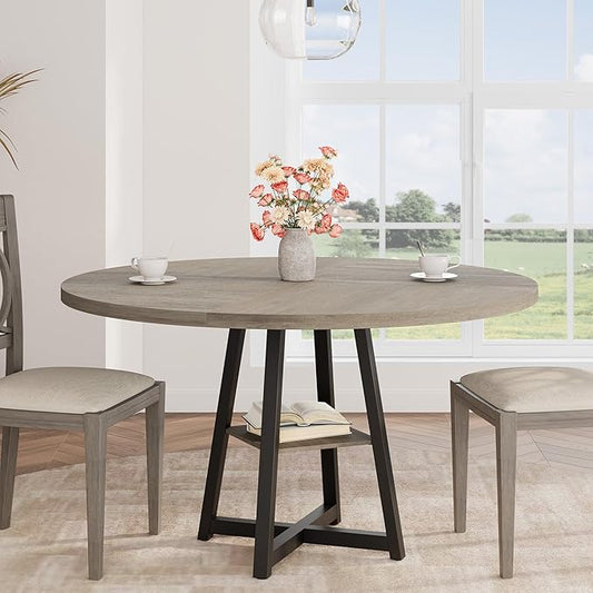 GAOMON Industrial Round Dining Table, 47 Inch Round Kitchen Table for 4, Dinner Table with Wooden Top and Metal Base for Dining Room, Living Room (Grey, 47.2 in w/Storage)