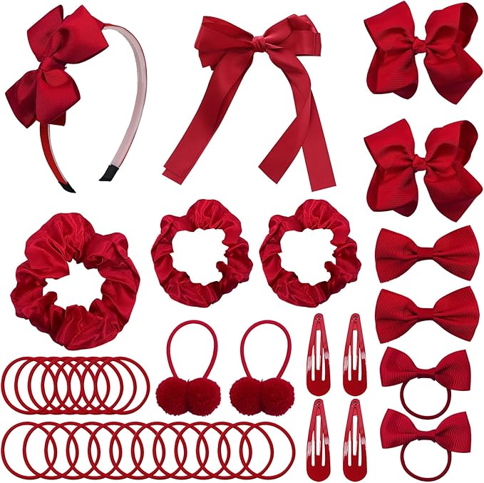 LACGO Pack of 37 School Uniform Hair Accessories - Hair Bow Clips Grosgrain Bow Headband Ribbon Alligator Ponytail Holder for Toddlers Teen Girls Uniform Christmas Party Prom (Burgundy)