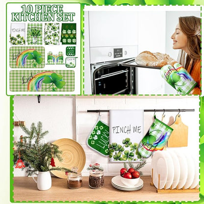Fourluoo 10 Pcs St Patricks Day Kitchen Set Shamrocks Kitchen Towels and Rugs Oven Mitts and Pot Holders Irish Decor for Women Mom Gift Cooking Baking Grilling