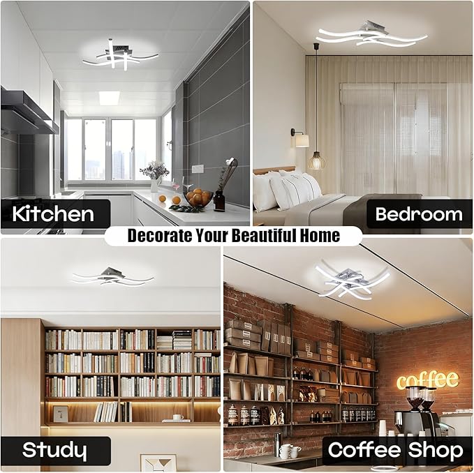 24W Modern LED Ceiling Light Fixture, 19.7 Inch Curved Wave Ceiling Lamp for Bedroom, Kitchen, Hallway, Foyer Library Dining Room Silver 6000K Modern Ceiling Light Fixture