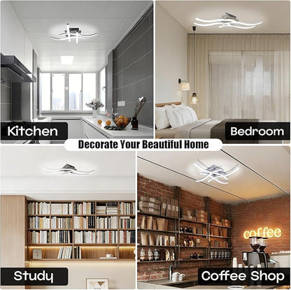 24W Modern LED Ceiling Light Fixture, 19.7 Inch Curved Wave Ceiling Lamp for Bedroom, Kitchen, Hallway, Foyer Library Dining Room Silver 6000K Modern Ceiling Light Fixture