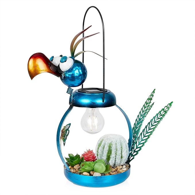Alpine Corporation LYT290SLR-HH Solar-Powered Metal Flamingo with Garden Enclosed LED Light, Solar Patio Decor, 16''H, Blue