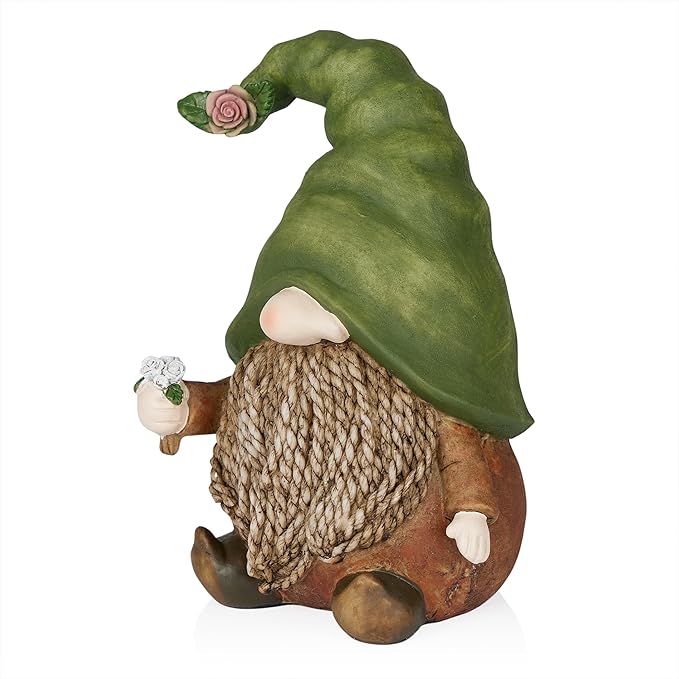 Alpine Corporation QWR1442 Outdoor Gnome with Green Hat Holding a Flower for Garden, Patio, and Lawn, 10" H, Multicolor
