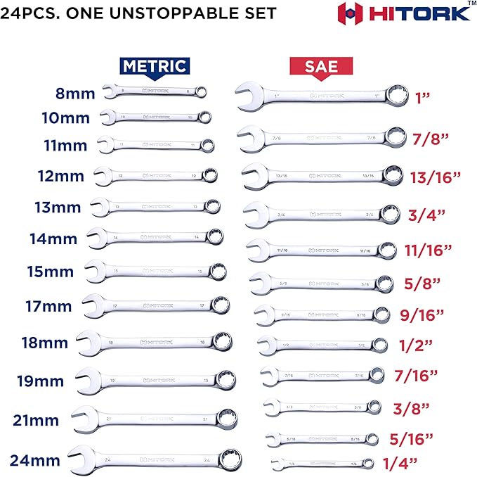 Hitork 24-Piece Combination Wrench Set, SAE (1/4"–1") & Metric (8–24mm), Cr-V Steel, Mirror Chrome Finish, 12-Point Box End, 15° Offset, with Roll Pouch – Ideal for Home, Garage & Auto Repair