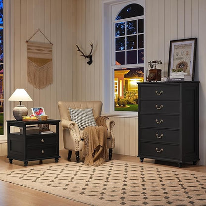 Farmhouse 5 Drawer Dresser Set of 2 for Bedroom, 45" Tall Rustic Chests of Drawers w/ 4 Solid Wood Feet, Vintage Mid Century Wooden Closet Storage Dressers Organizer for Living Room, Black