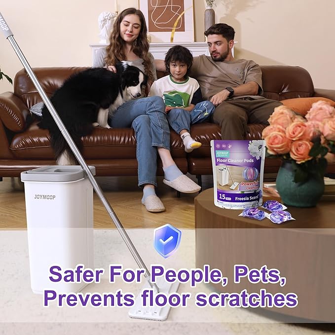 JOYMOOP Mop and Bucket with Wringer Set and Floor Cleaner Pods, Flat Floor Mop with 3 Reusable Microfiber Pads, Wet and Dry Use, Freesia Scent Pack of 15 Pacs for Floor Cleaning