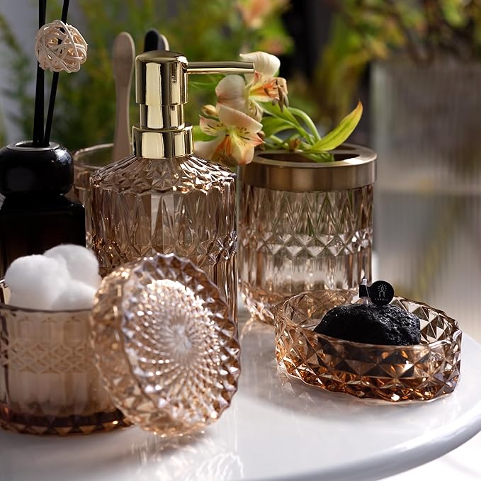 EMPO 6PCS Bathroom Clear Glass Accessories Set (Lotion Soap Dispenser, Soap Dish, Toothbrush Holder, Tumbler, Cotton Swab Jar), Contemporary Modern Decor Crystal Vintage Gift (6pcs Brown)