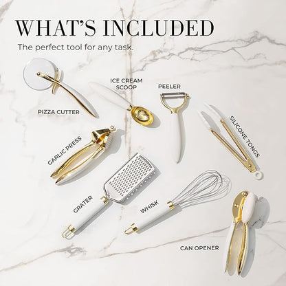 White & Gold Cooking Utensils Set - Luxe 8-Piece Kitchen Gadget Set Includes Can Opener, Tongs and Garlic Press - Stylish White and Gold Kitchen Accessories for Modern Kitchens, Ideal for Gifting
