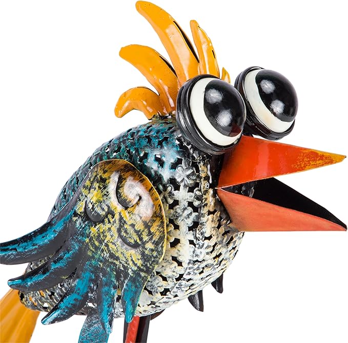 Alpine Corporation 11" Tall Outdoor Metal Wide-Eyed Bird Standing Yard Statue Decoration, Multicolor