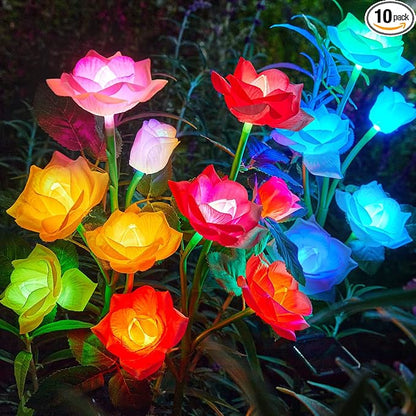 RECHOO Solar Garden Lights Outdoor, 10 Pack Solar Flower Lights with 50 Rose Flowers, Multi-Color Changing LED Waterproof Garden Decor for Landscape Pathway, Gifts for Women