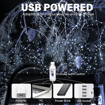 Fairy Lights 66ft 200 LED USB Twinkle String Lights Plug in Copper Wire Lights with Remote and Timer 8 Modes Outdoor Waterproof Starry Lights DIY Party Wedding Christmas Decoration(Cool White)