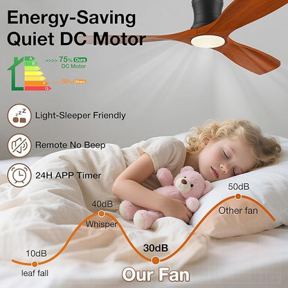 Smart 52” Wood Flush Mount Ceiling Fans with Lights Remote,Quiet DC Motor,Outdoor Indoor Low Profile Ceiling Fan,Voice Contorl with WIFI Alexa App Control,Modern fan for Bedroom Patio