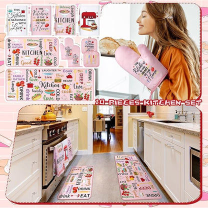 Fourluoo 10 Pcs Cuisine Pink Kitchen Decor and Accessories Set Pink Kitchen Towels Rugs Pot Holders Oven Mitts for Chef Cooking Baking Mom Housewarming Gifts