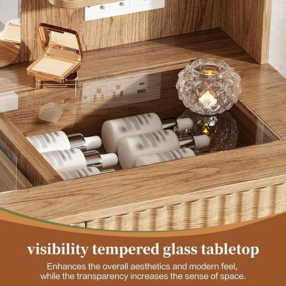 Large Makeup Vanity Desk with Mirror and Lights, Vanity Desk with 6 Drawers & Storage Shelves, Vanity Table with Power Outlet, 3 Color Modes & Adjustable Brightness Dressing Table, Bedroom,Wood