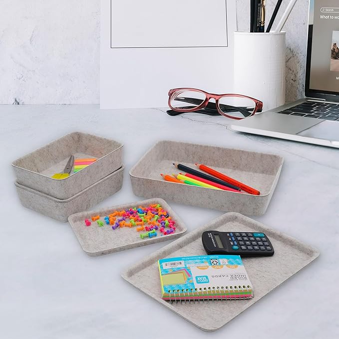 Welaxy Lidded Felt Drawer Organizer Trays with lids Desktop Organizer Bins Storage box for crafts office supplies pen notes Junk Makeup Stationery Organize 3- Pack gift idea (Oatmeal)