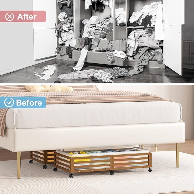Under Bed Storage with Wheels-Large Bamboo Underbed storage Containers with Large Dust Bag Stackable Under the Bed Shoe Storage Bins for Clothes Books Bedding (2 Packs walnut, 33.07"L×16.54"W× 6.5"H)