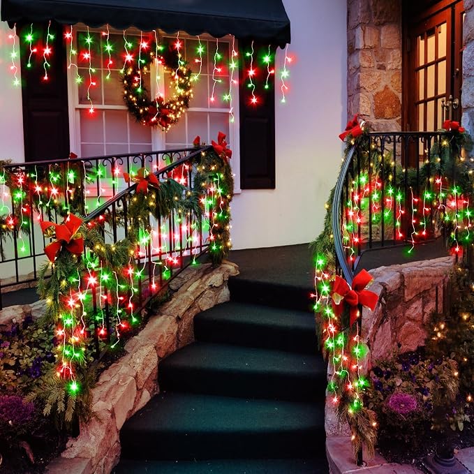 33ft Icicle Lights for Outside, Red and Green Christmas Lights Outdoor Indoor, 400 LED Twinkle String Lights with 75 Drops, Clear Wire Short Curtain Lights for Thanksgiving Room Home Wall Bedroom