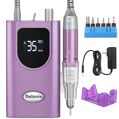 Delanie Professional Nail Drill High Torque 35000 RPM Rechargeable Portable Electric Nail File Filer for Acrylic Gel with Cuticle Bits, Salon Manicure Tool, Purple