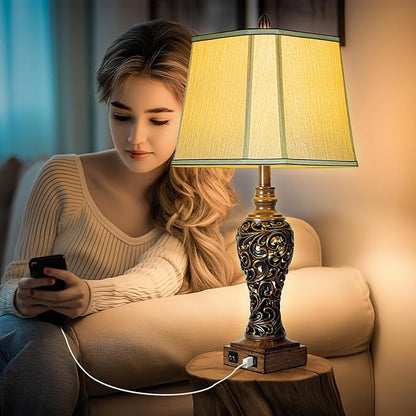 28.5'' Tall Farmhouse Vintage Table Lamp Set of 2 with Faux Silk Shade USB Ports Nightlight Decor for Bedside Living Room Bedroom Nightstands Office Home, Dark Bronze(Bulbs Included)