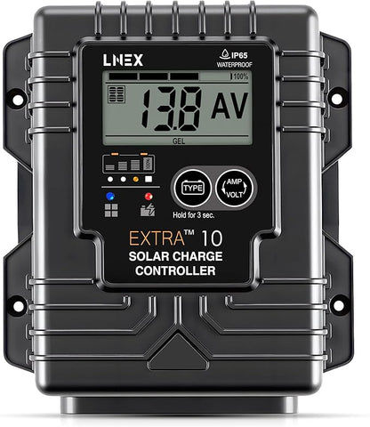 LNEX Solar Charge Controller Waterproof, 10A Solar Panel Regulator with Temp Sensor,Backlit LCD, 12V/24V PWM Solar Controller for LiFePO4,AGM, Gel, Flooded and Lithium Battery