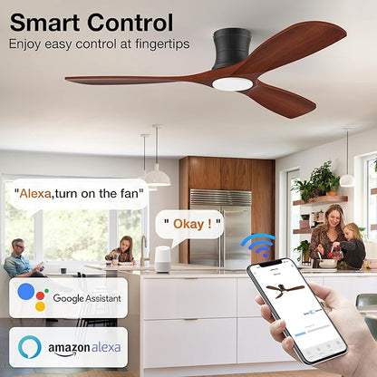52” Smart Wood Flush Mount Ceiling Fans with Lights Remote,Quiet DC Motor,Outdoor Indoor Low Profile Ceiling Fan,Voice WIFI Alexa App Control,Dimmable,6-speed,for Modern Bedroom Patio