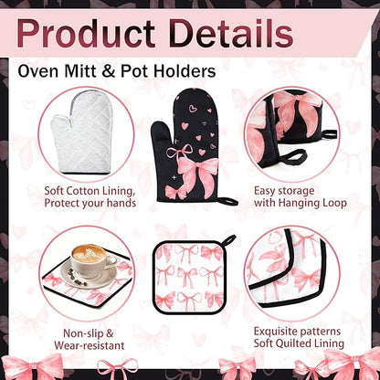 8 Pcs Cute Pink Bow Kitchen Towels and Dishcloths Sets Oven Mitts Pot Holders Set Valentines Day Absorbent Decor Accessories Gloves Potholders Heat Resistant for Chef Baking Cooking Home Gifts