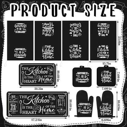 Fourluoo 10 Pcs Farmhouse Kitchen Decor and Accessories Set 4 Kitchen Towels 2 Pot Holders 2 Oven Mitts 2 Rugs for Cooking Baking Mom Housewarming Gifts(Black,Classic Style)