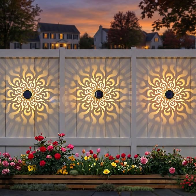 Solar Fence Lights 2 Pack Outdoor Deck Step Wall Lights Metal Waterproof LED Warm Yellow Light for Garden Post Patio Backyard Yard Decor (Mandala-4, 2)