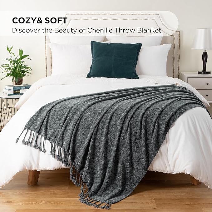 BATTILO HOME Dark Gray Throw Blanket for Couch Bed Sofa, Soft Cozy Grey Chenille Throw Blanket with Fringe Tassels, Lightweight Knit Throw Blanket for Home Decor, 50"x60"