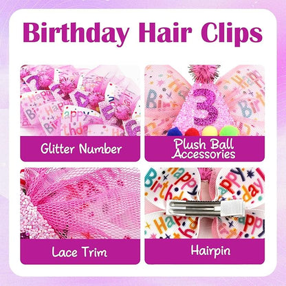 3rd Birthday Hair Bow for Girls, Hot Pink Hair Clip Hair Accessories for Girls 1 2 3 4 5 6 Years Birthday Party Supplies Decorations