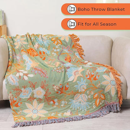 Boho Fall Throw Blanket for Bed，100% Ultra Cotton Soft Breathable Bed Throw Floral Printed Farmhouse Decor Rustic Bed Throws for Couch Sofa Quilt 60" x 80"-Orange& Sage Green