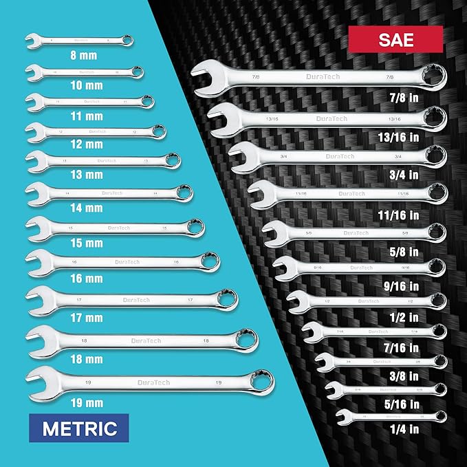 DURATECH Combination Wrench Set, SAE & Metric, 22-piece, 1/4'' to 7/8'' & 8-19mm, CR-V Steel, Organized in Wrench Holder
