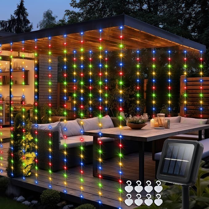 echosari Solar Curtain Lights 7.9ft x 6ft 144 LED Outdoor Curtain Lights Waterproof with Timer 8 Modes for Christmas Garden Patio Fence Wedding Wall Window Gazebo Decor - Multicolor