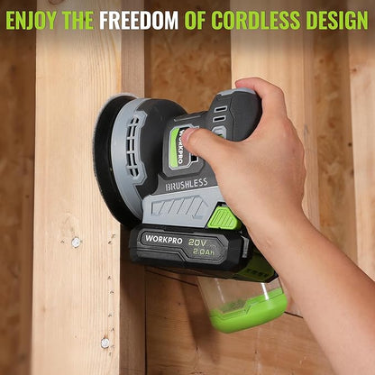 WORKPRO Cordless Random Orbital Sander Brushless 6 Variable Speeds 6000 to 12000 OPM, 20V 5in Electric Orbit Sander for Woodworking with Battery, Charger, Dust Collector, Tool Bag,15 Pcs Sanding Discs