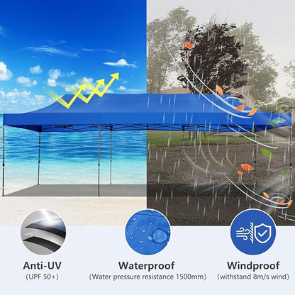 COBIZI 10x30 Pop up Canopy, Heavy Duty Outdoor Party Tents for Parties, Ez up UPF 50+ Waterproof Commercial Canopy with Wheeled Bag can fold, Blue(Windproof Upgraded)
