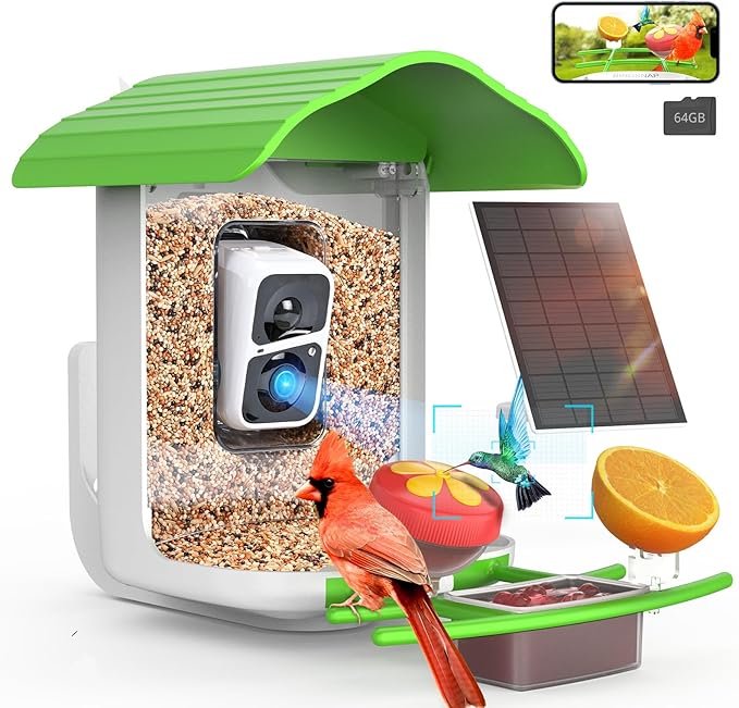 birdsnap® PAV- Smart Bird Feeder with Camera Solar Powered, 64GB Card & 2K HD Record Video Bird Camera Live with 5 DIY Add-ons, AI Identify Auto Capture, Ideal Gift for Birds Lover