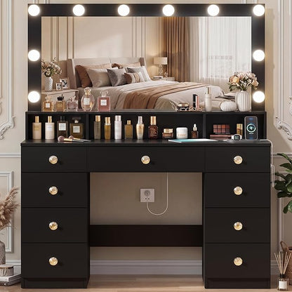 Vanity Desk with Large Lighted Mirror, Makeup Vanity with Power Outlet, 9 Drawers & Storage Shelf, Dressing Vanity Table with 3 Lighting Modes for Women, Girls, Bedroom