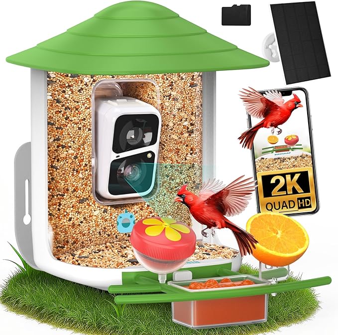 birdsnap® TUC Bird Feeder with Camera 2K HD, Solar Panel 32GB Card 4-in-1 Perch, 160°View Auto Detect & Notify AI Identify Video Bird Camera Wireless Outdoors Ideal Gift for Birds Lover
