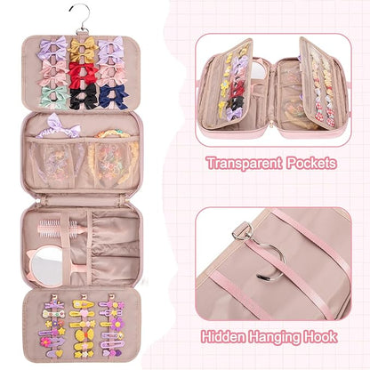 Fasrom Hair Accessories Organizer for Girls, Hanging Hair Bow Storage Bag for Kids Hair Clips, Headband, Hair Ties and Scrunchies Holder, Pink (Empty Bag)
