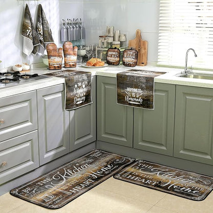 Fourluoo 10 Pcs Farmhouse Kitchen Decor and Accessories Set 4 Kitchen Towels 2 Pot Holders 2 Oven Mitts 2 Rugs for Cooking Baking Mom Housewarming Gifts(Brown Gray,Classic Style)