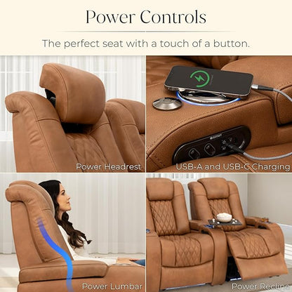 Seatcraft Diamante Zero-Gravity CoolZero Italian Leather Home Theater Seating, Power Headrest, Power Recline, Row of 4 Left Loveseat, Tawny