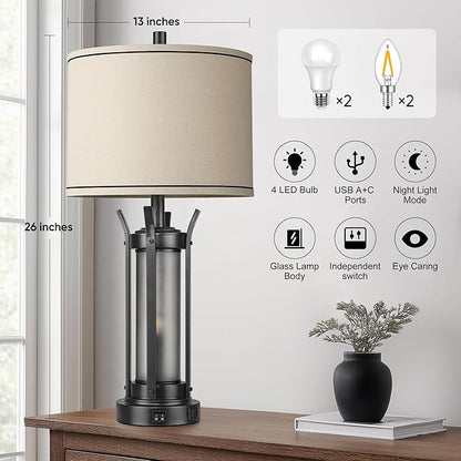 QiMH Farmhouse Table Lamps for Living Room, Beside Lamps for Bedroom with USB A+C Charging Ports, Rustic Nightstand Lamp Set of 2 with Frosted Glass Night Light, 4 Bulbs Included (Black)