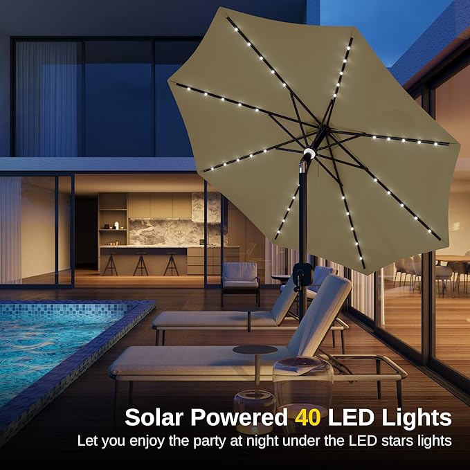EAST OAK Patio Umbrella, 9 ft Outdoor Table Umbrella with 40 LED Solar Lights and 8 Ribs, 1.9inch Aluminum Pole, UPF 50+ Fade Resistant and Push Button Tilt for Deck and Poolside, Tan