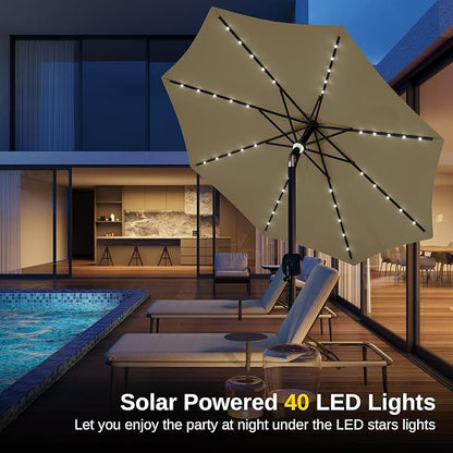 EAST OAK Patio Umbrella, 9 ft Outdoor Table Umbrella with 40 LED Solar Lights and 8 Ribs, 1.9inch Aluminum Pole, UPF 50+ Fade Resistant and Push Button Tilt for Deck and Poolside, Tan