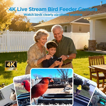 Smart Bird Feeder with Camera Solar Powered,4K Camera with UHD Video Live Stream,No Subscription,Identify 10,000+ Birds with AI,Instant Alerts,Elderly-Friendly,No Wi-Fi Needed,Gifts for Bird Lovers