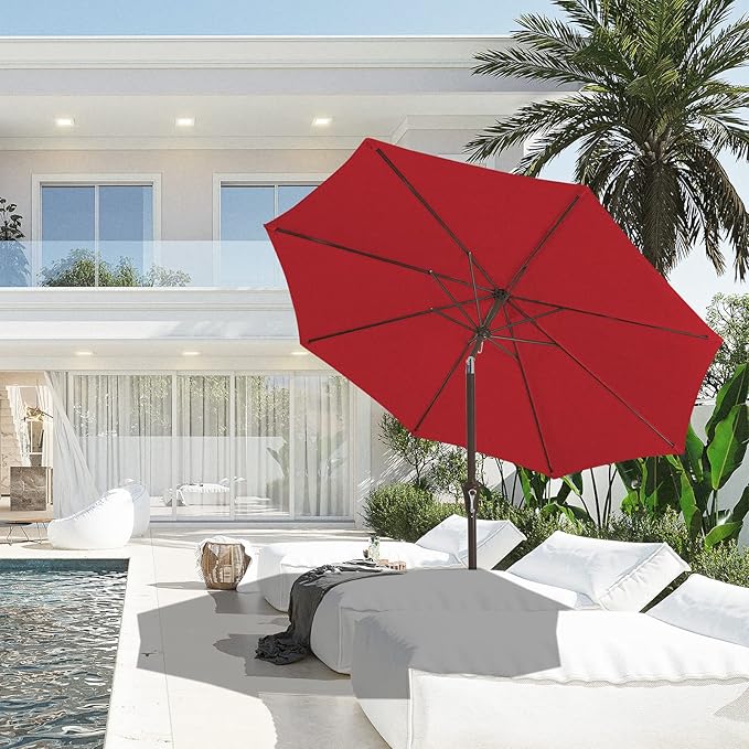 JEAREY 9FT Outdoor Patio Umbrella Outdoor Table Umbrella with Push Button Tilt and Crank, Market Umbrella 8 Sturdy Ribs UV Protection Waterproof for Garden, Deck, Backyard, Pool (Red)