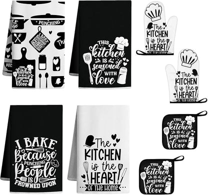 8 Pcs Farmhouse Kitchen Decor Accessories Set 4 Black White Kitchen Dish Towels 2 Oven Mitts 2 Pot Holders Kitchens Towels Pot Holders Oven Mitt Decor for Cooking Baking Housewarming Daughter Mom Gift