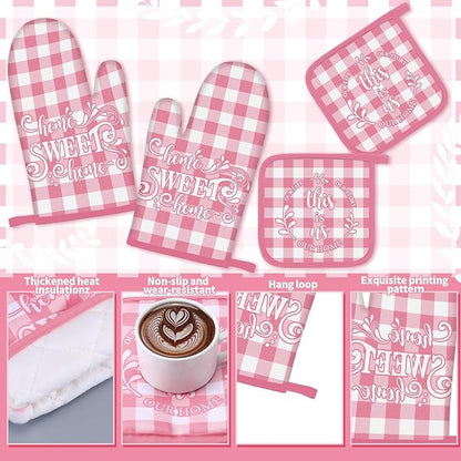 Fourluoo 10 Pcs Kitchen Set Kitchen Towels and Rugs Oven Mitts and Pot Holders Farmhouse Decor for Women Mom Gift Cooking Baking Grilling(Pink White)
