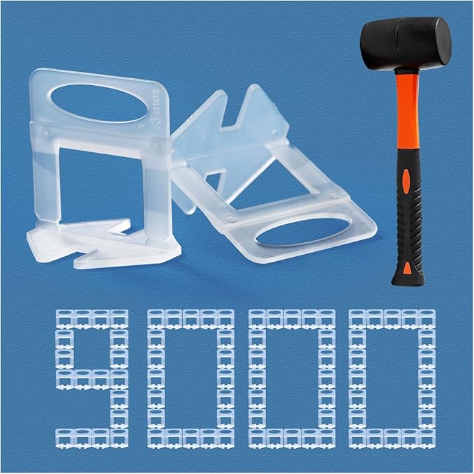 Tile Leveling System 1/8" Spacers Tile Leveler Clips DIY Tile Leveler Spacers 9000 Pcs and Tools Harden Rubber Mallet Hammer 16 oz for Professional Ceramic Tile and Stone Installation