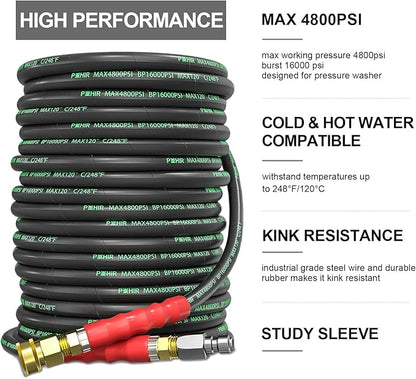 POHIR Pressure Washer Hose 100 ft 3/8 Inch for Cold and Hot Water 248°F End 3/8'' Quick Connect, 4800psi Kink Resistant Industrial Grade Steel Wire Braided, 2pcs M22-14mm Swivel to 3/8'' Adapter Kit